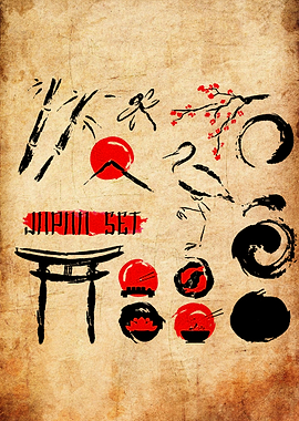 Japanese Art Set on Textured Background