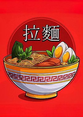 Ramen Bowl Illustration on Red Background