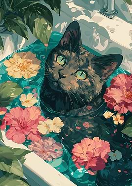 Cat in Floral Bathtub Illustration