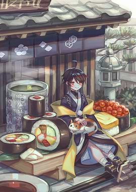 Anime Boy with Sushi and Cat