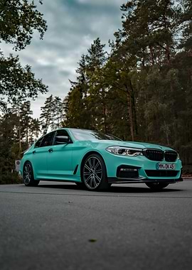 Turquoise BMW in Forest Setting