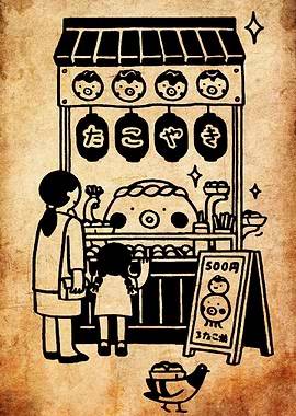 Takoyaki Stand with Mother and Daughter