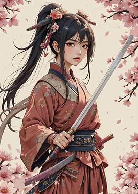 Anime Girl with Sword and Cherry Blossoms