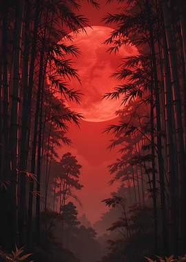 Red Moon Over Bamboo Forest