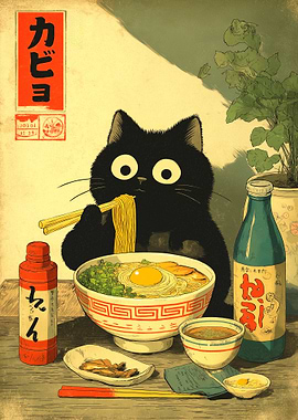Black Cat Eating Ramen Illustration