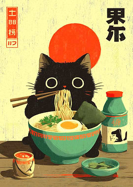 Black Cat Eating Ramen Illustration