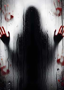 Bloody hands on wet glass