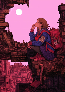 Anime Girl in Post-Apocalyptic Cityscape