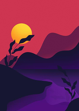 Sunset Landscape with Plants and Mountains