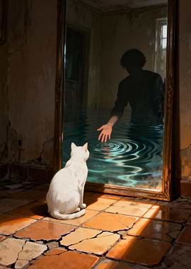 White Cat and Mirrored Reflection