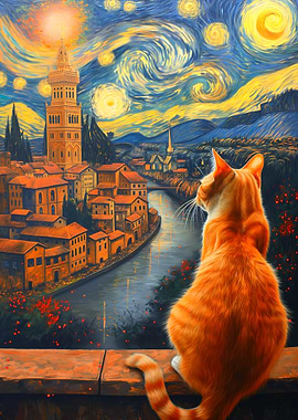Cat gazing at Starry Night city