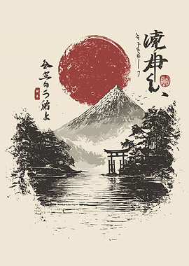 Mount Fuji Landscape with Torii Gate