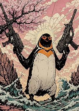 Armed Penguin Riffle in Ukiyo-e Style Sakura Cherry Blossom Japanese Traditional Art