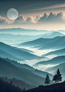 Blue Mountain Range with Moon