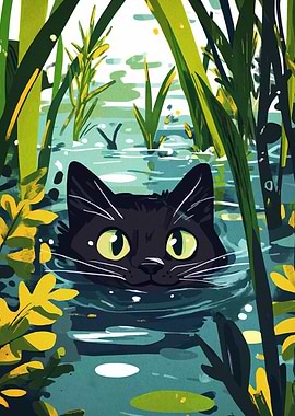 Black Cat Swimming in Pond Illustration