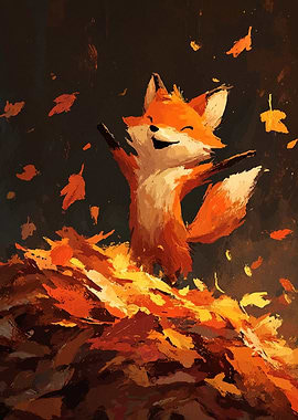 Happy Fox in Autumn Leaves