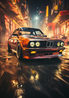 BMW E30 on a wet street