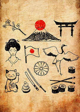 Japanese Culture Doodle Art on Parchment