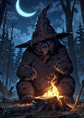 Bear Wizard by Campfire at Night