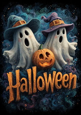 Halloween Ghosts with Pumpkin and Hats