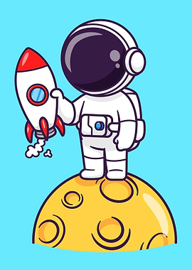 Cartoon Astronaut with Rocket on Moon