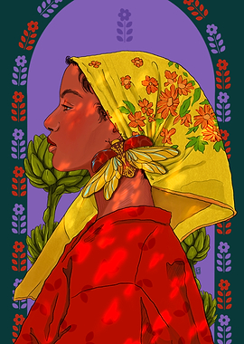 Woman with Floral Scarf and Earrings