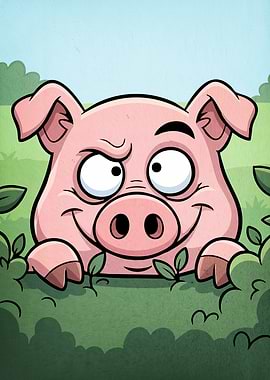 Pig Peeking Over Bush