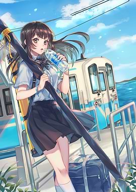 Anime Girl Drinking Water by Train