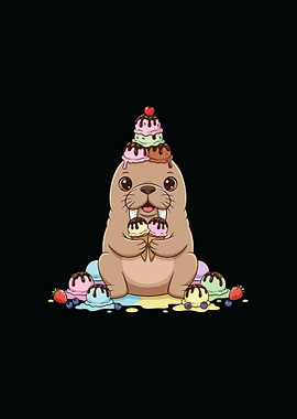 Cartoon Walrus with Ice Cream