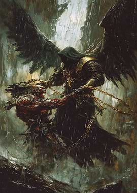 Winged Figure Chains a Demon in Rain