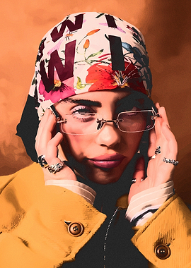 Billie Eilish Portrait with Floral Headscarf