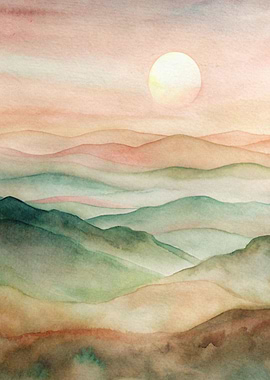 Watercolor Mountain Landscape with Rising Sun