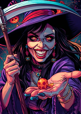 Creepy Witch with Candy and Scythe Halloween theme