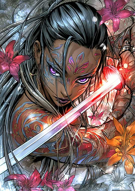 Warrior Woman with Sword and Flowers