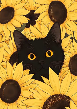Black cat in sunflowers