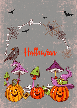 Halloween Illustration with Pumpkins and Crow