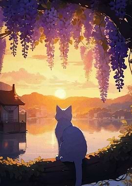 Cat Watching Sunset by the Lake