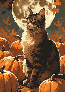 Cat and Pumpkins under Moonlight