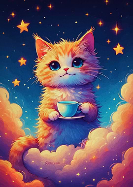 Cute Cat with Tea in the Sky