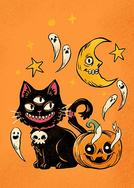 Black Cat with Pumpkin