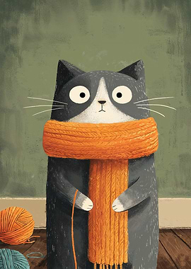 Knitting Cat with Orange Scarf