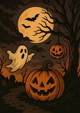 Halloween Night with Ghost and Pumpkins