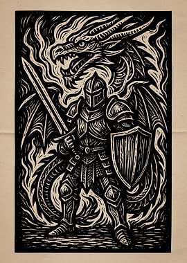 Dragon Knight Linocut Print Art