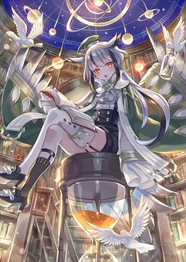 Anime Girl Reading on Hourglass Throne