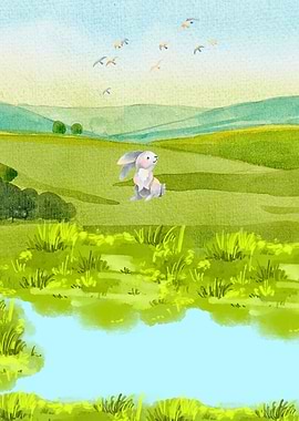 Watercolor Rabbit in Green Field