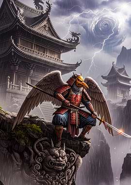 Tengu Warrior in Stormy Landscape
