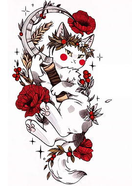 Floral Cat with Scythe Illustration