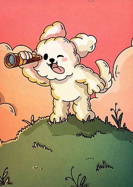 Cartoon Dog with Telescope on Hill