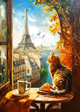 Parisian Morning with Cat and Croissant
