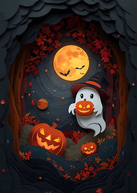 Halloween Ghost with Pumpkins and Moon